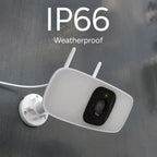 Lorex Connect outdoor camera with IP66 Weatherproof label against a rain textured gray backdrop
