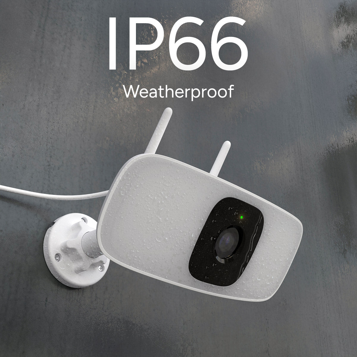 Lorex Connect outdoor camera with IP66 Weatherproof label against a rain textured gray backdrop