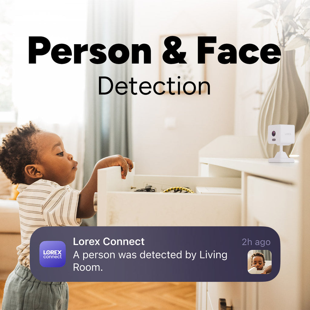 Living room scene with a toddler at a dresser and a Lorex Connect camera on the right showing Person and Face Detection