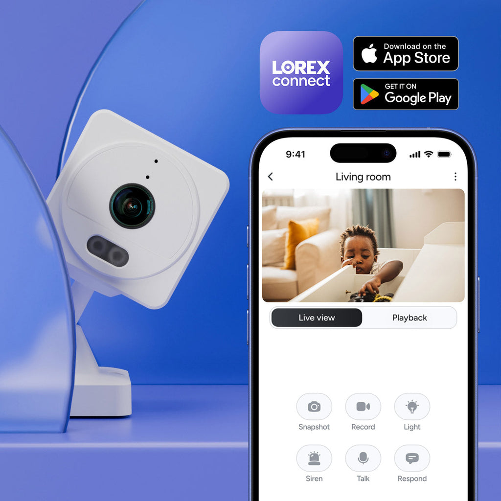 Lorex Connect 2K indoor Wi-Fi camera beside a smartphone displaying the app interface