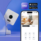 Lorex Connect 2K indoor Wi-Fi camera beside a smartphone displaying the app interface