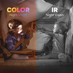 Split screen image showing color night vision on left and infrared night vision on right with children in a tent