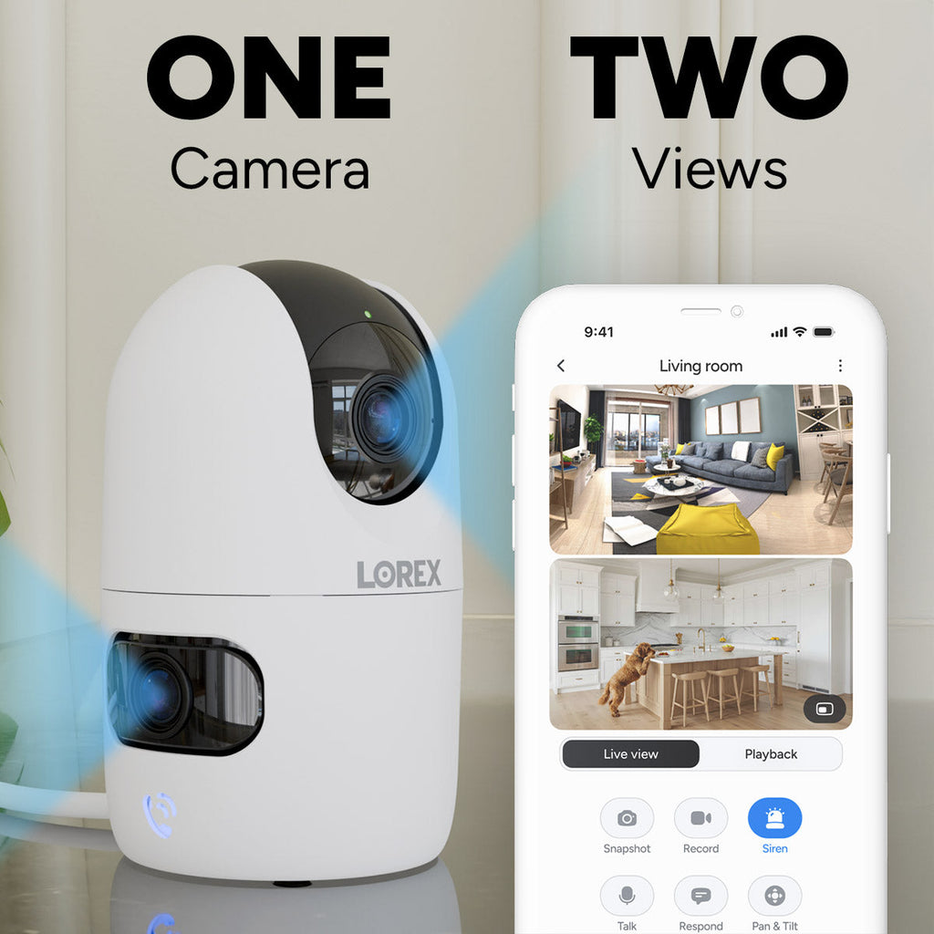 Lorex Connect 2K indoor camera with app screen displaying two live views on a smartphone