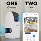 Lorex Connect 2K indoor camera with app screen displaying two live views on a smartphone