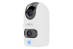 Lorex Connect 2K dual lens indoor pan tilt Wi Fi camera in white with two lenses and blue status light