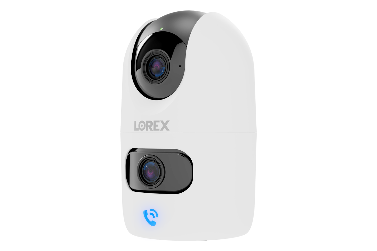 Lorex Connect 2K dual lens indoor pan tilt Wi Fi camera in white with two lenses and blue status light