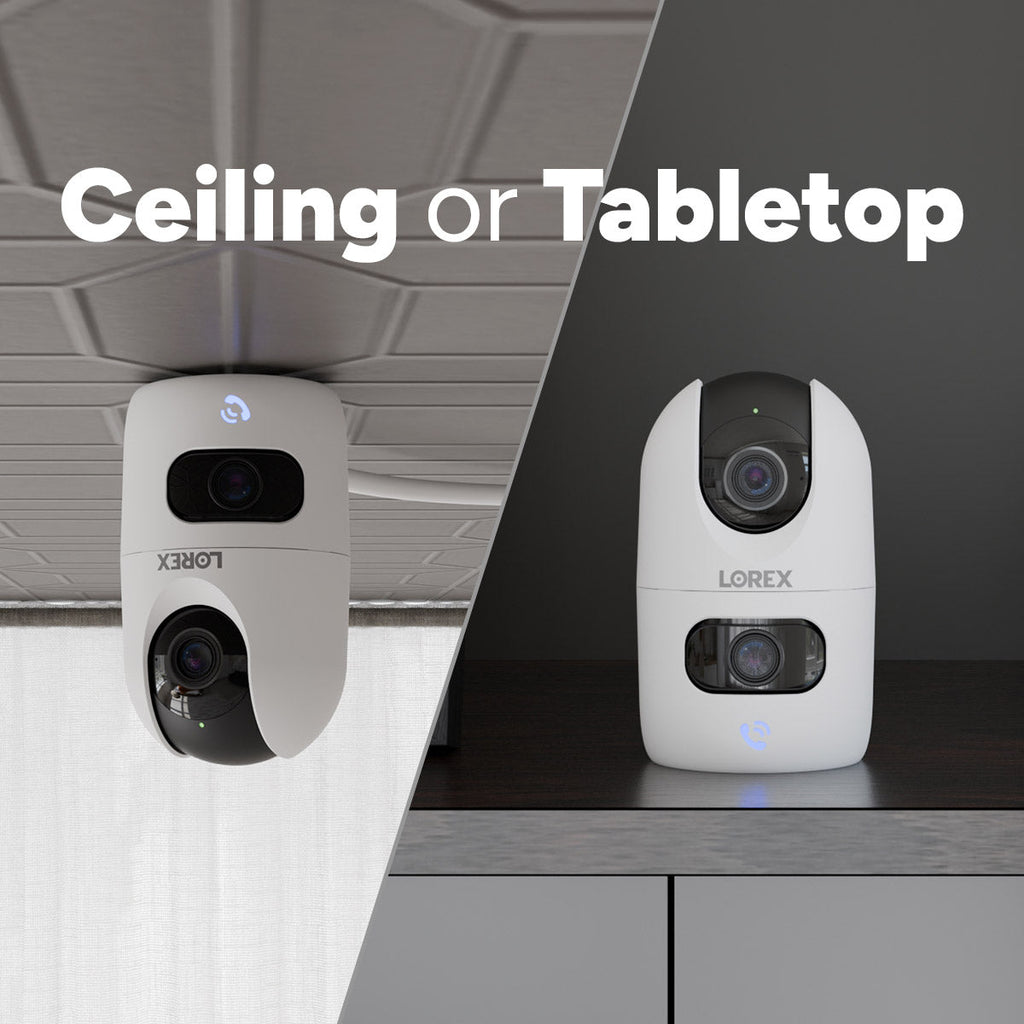 Lorex Connect 2K indoor dual lens pan tilt camera shown for ceiling or tabletop placement in split view