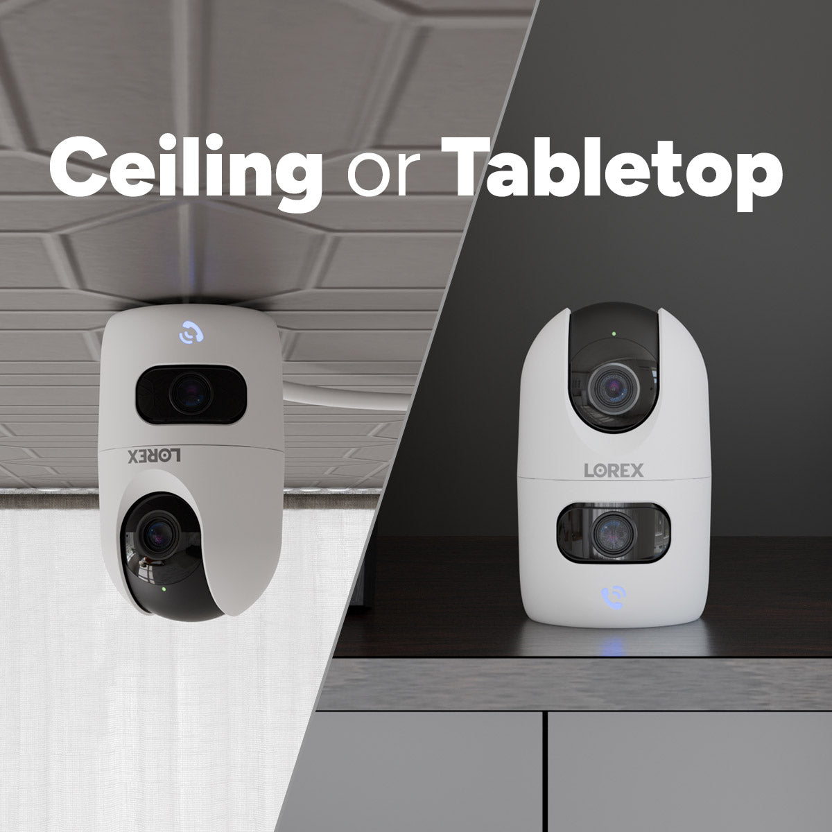 Lorex Connect 2K indoor dual lens pan tilt camera shown for ceiling or tabletop placement in split view
