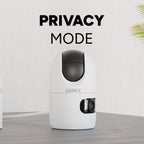 Lorex Connect indoor camera in privacy mode with white body and black top lens housing on a pale background