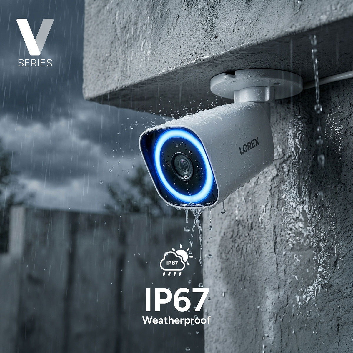 Lorex Connect V7 4K PoE bullet camera outdoors in rain with blue ring light and IP67 weatherproof label