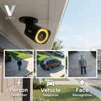 Lorex V Series 4K PoE bullet camera mounted on a house exterior with detection overlays for person, vehicle and face