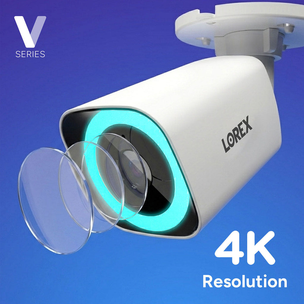 Lorex Connect V7 4K PoE bullet camera with teal ring light on white housing