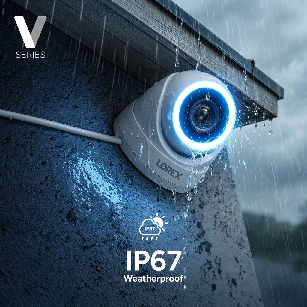 Lorex V7 4K PoE turret camera with blue LED halo on a rain soaked exterior wall, IP67 weatherproof