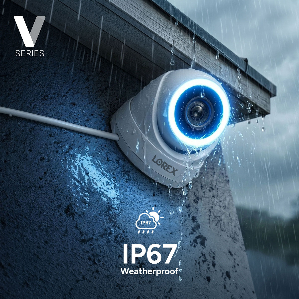 Lorex V7 4K PoE turret camera with blue LED halo on a rain soaked exterior wall, IP67 weatherproof