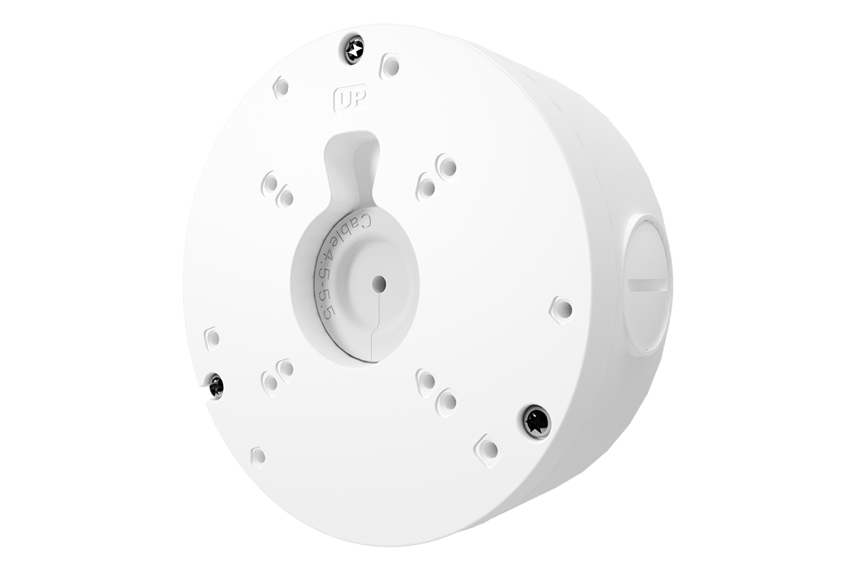 Round metal junction box for fixed lens cameras with white finish, multiple screw holes and an adjustment dial