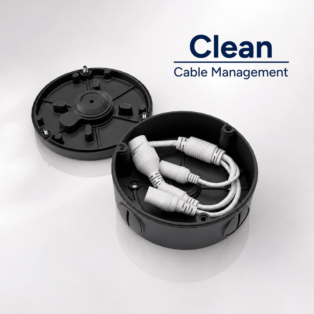 Open round metal junction box with cables inside for fixed lens cameras