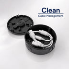 Open round metal junction box with cables inside for fixed lens cameras