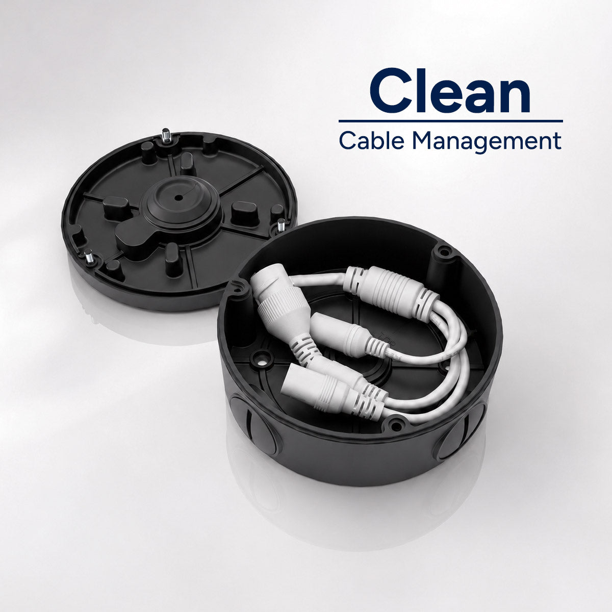 Open round metal junction box with cables inside for fixed lens cameras