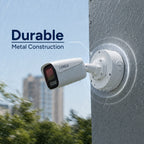 Lorex outdoor security camera mounted on a rain soaked wall with a city skyline in the background