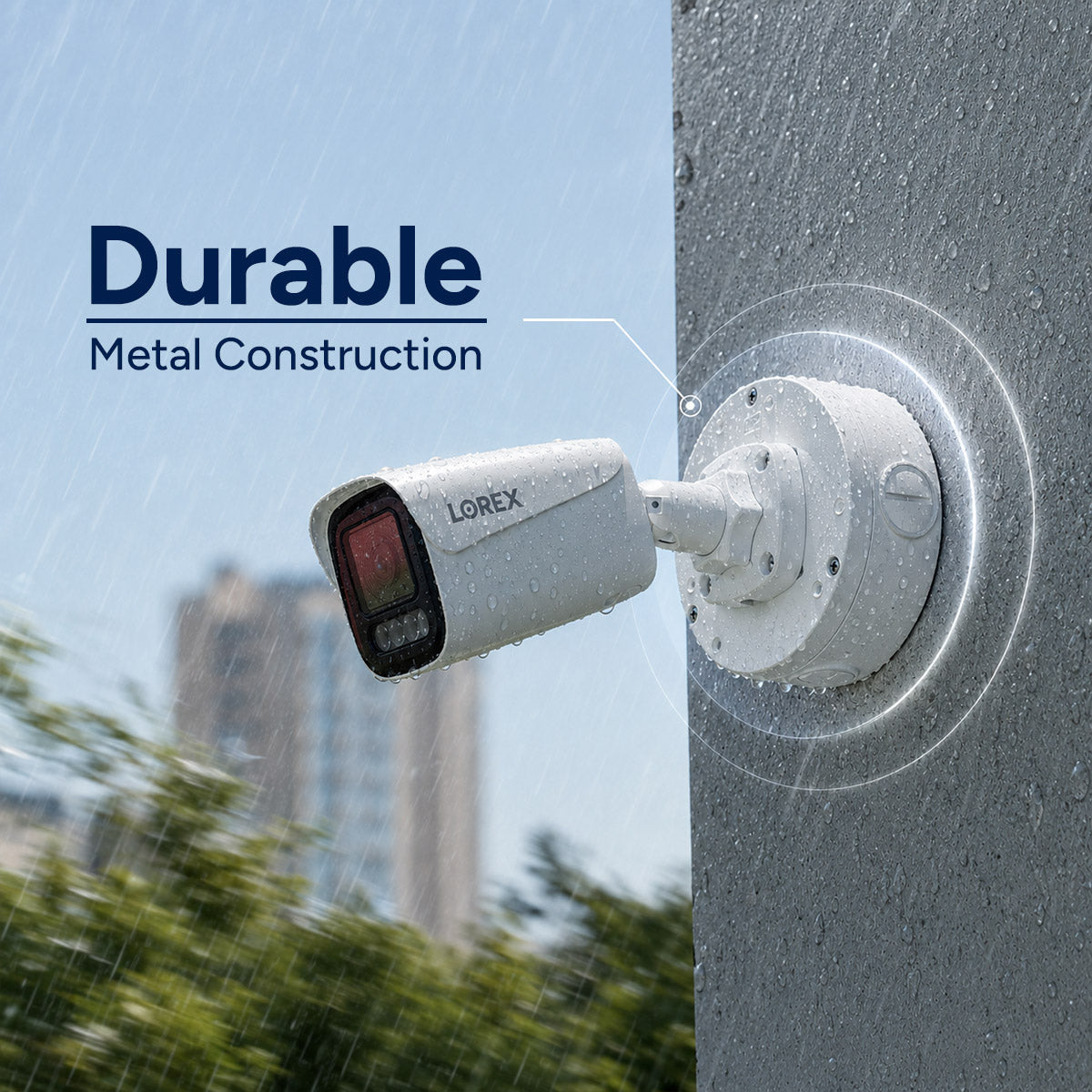 Lorex outdoor security camera mounted on a rain soaked wall with a city skyline in the background