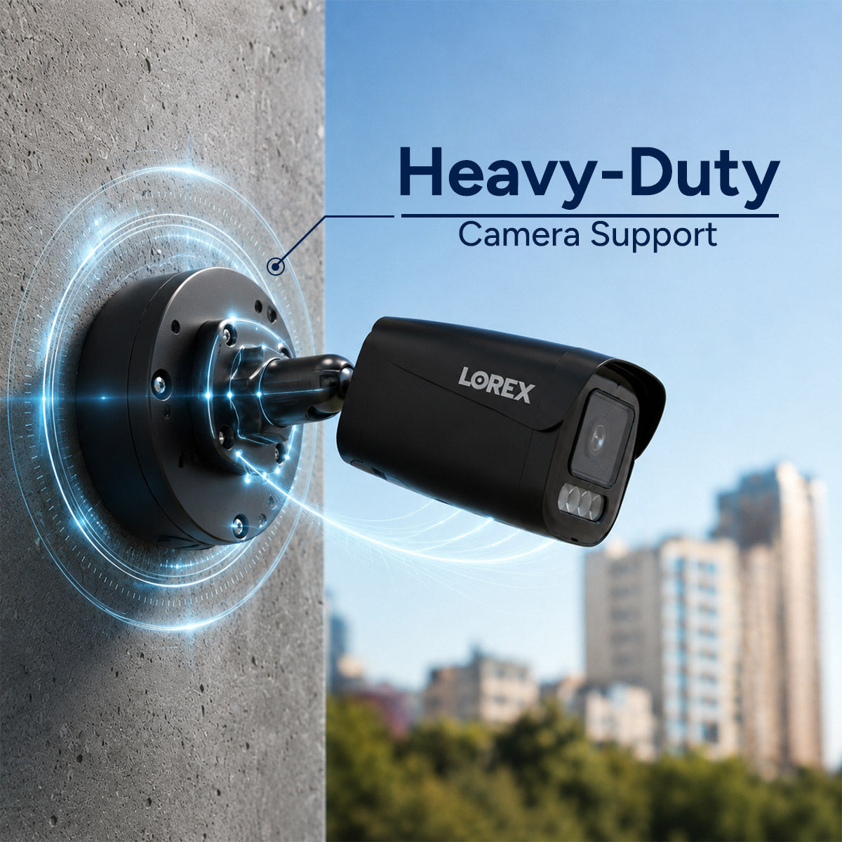 Close-up of a Lorex security camera mounted to a concrete wall with a heavy-duty camera support graphic