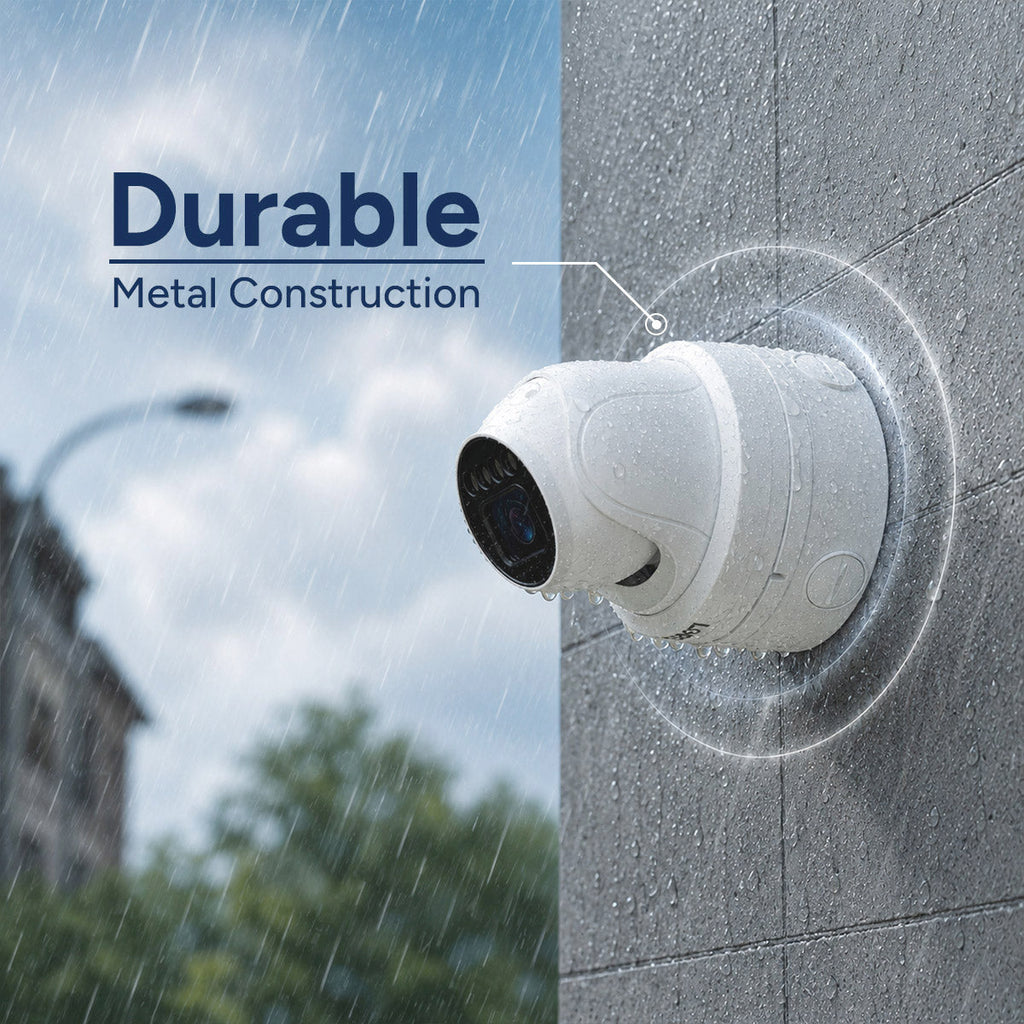 White dome security camera mounted on a rain damp exterior wall with a blue promotional overlay