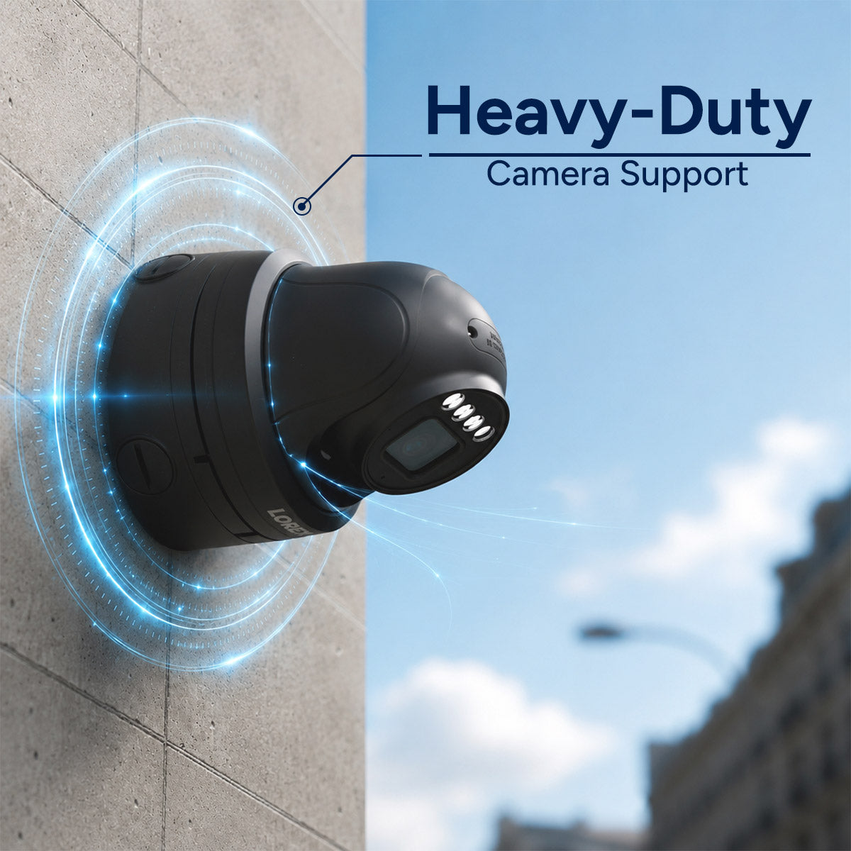 Dome security camera mounted on a concrete wall with blue circular light graphics indicating heavy duty camera support