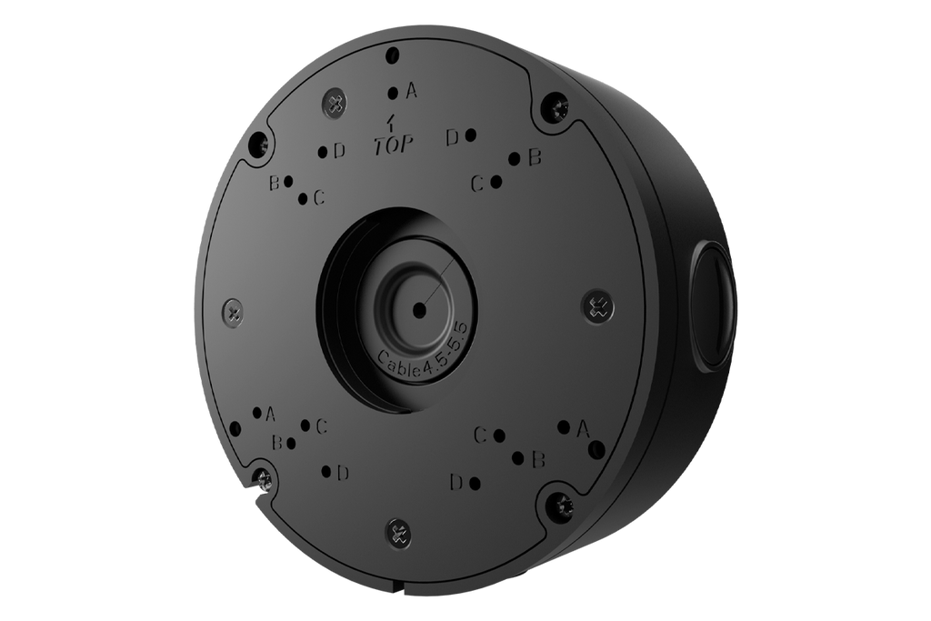 Round metal junction box backplate with mounting holes for a motorized varifocal and dual lens turret camera