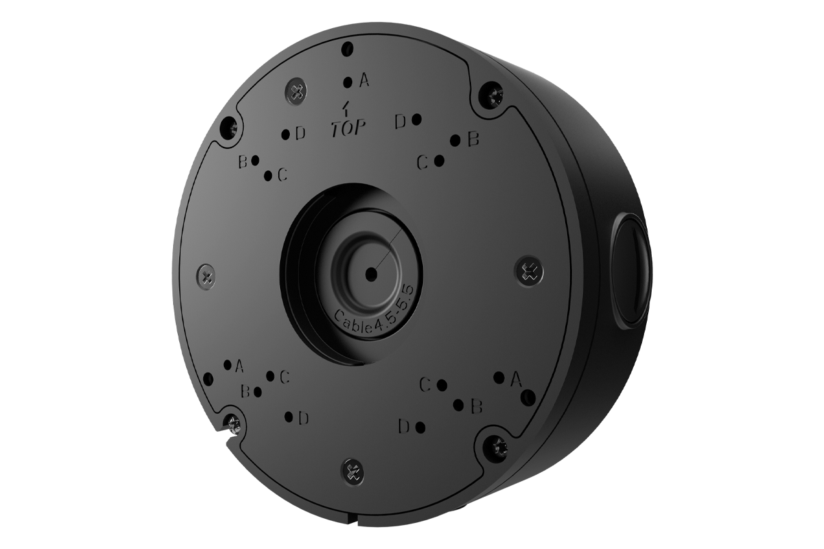 Round metal junction box backplate with mounting holes for a motorized varifocal and dual lens turret camera