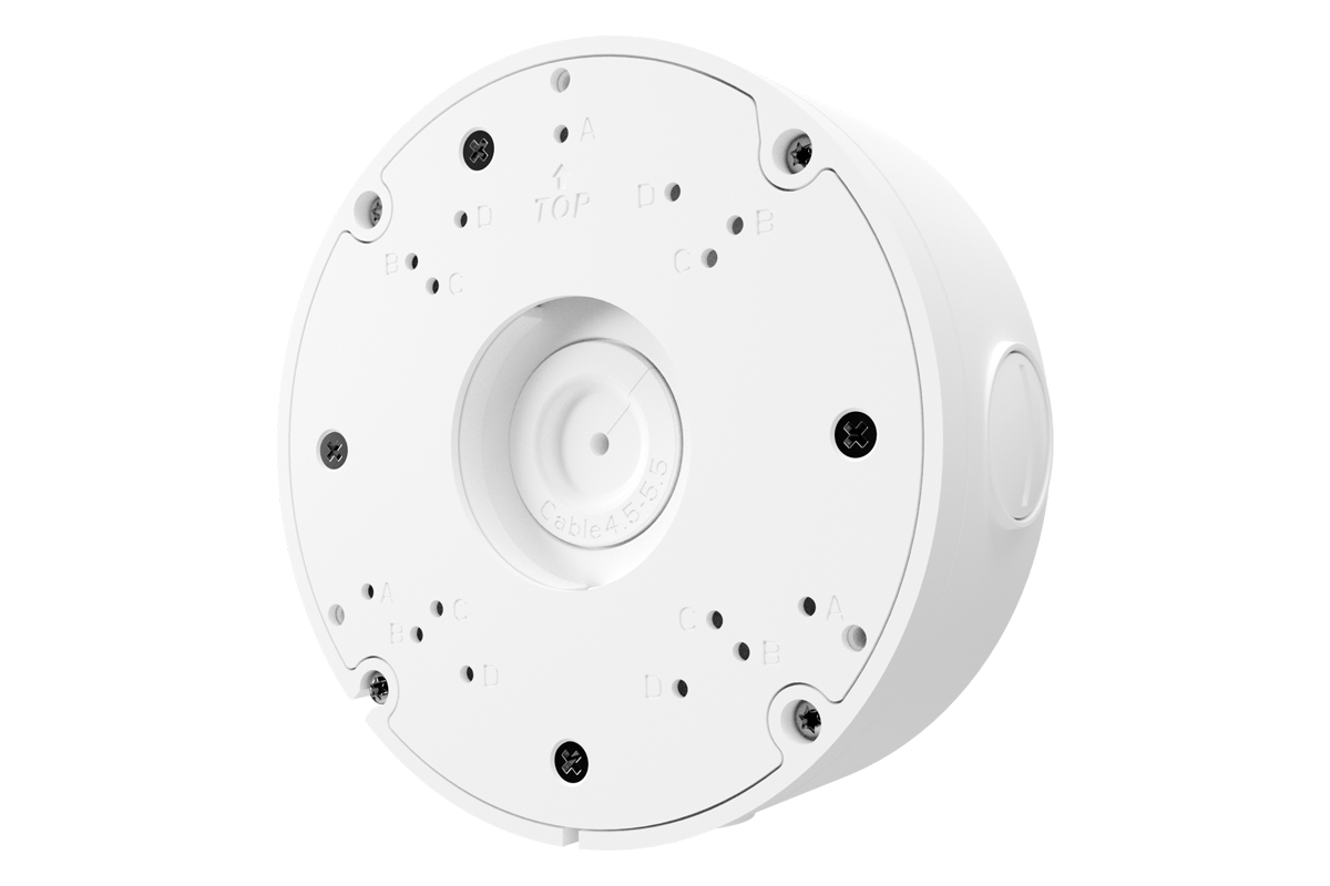 Back of round white junction box base with central opening and mounting holes