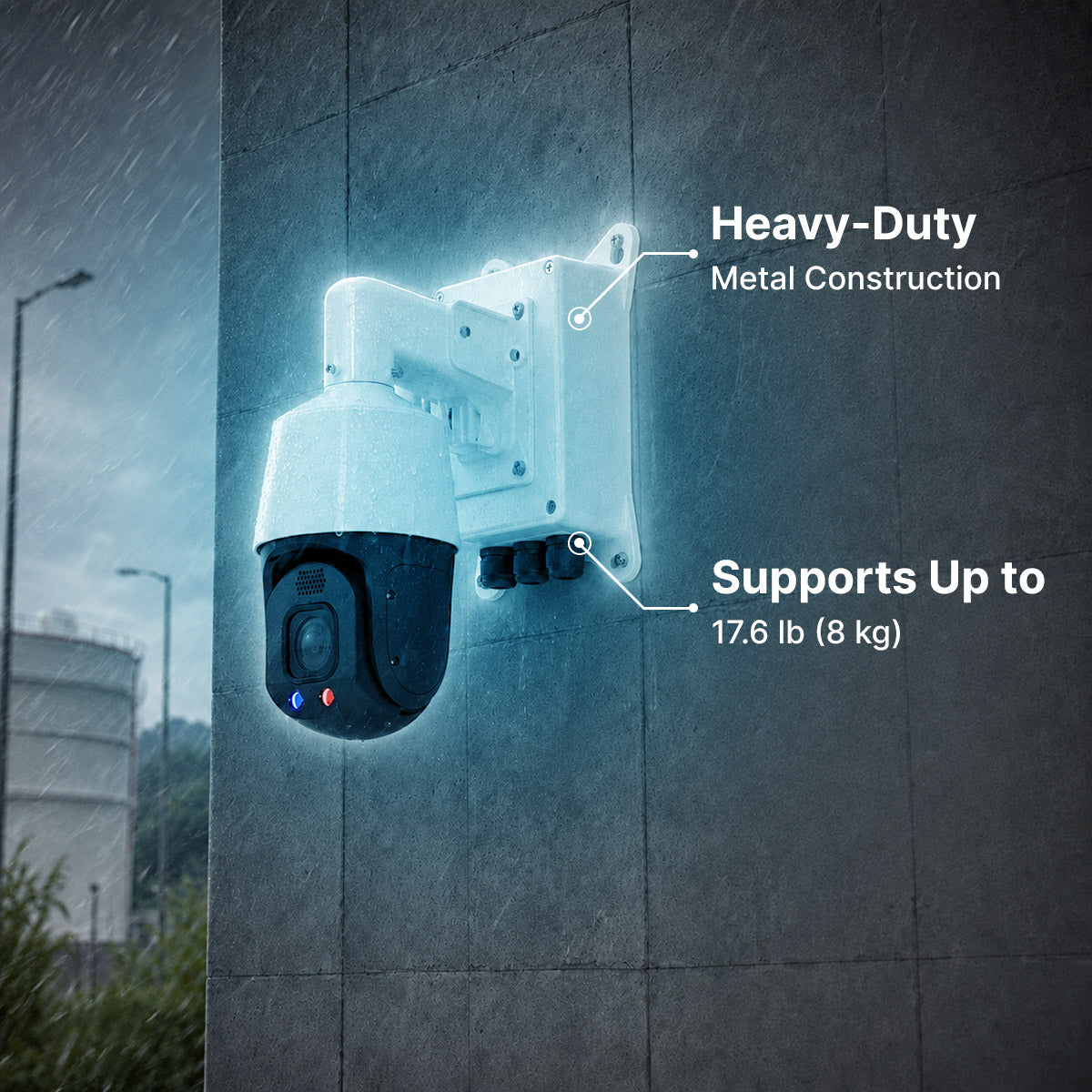 Heavy-duty metal junction box for PTZ cameras with wall mount and surveillance camera