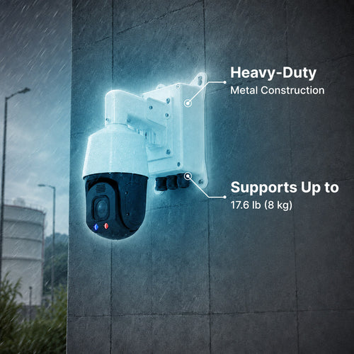 Heavy-duty metal junction box for PTZ cameras with wall mount and surveillance camera