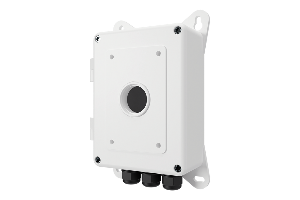 White metal PTZ camera junction box with front circular knockout and three bottom cable glands