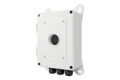 White metal PTZ camera junction box with front circular knockout and three bottom cable glands