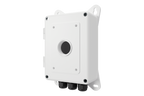 White metal PTZ camera junction box with front circular knockout and three bottom cable glands