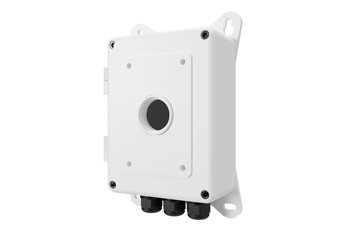 White metal PTZ camera junction box with front circular knockout and three bottom cable glands