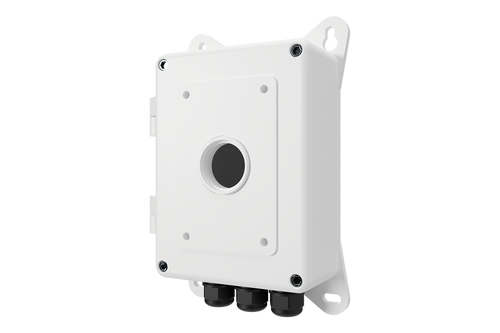 White metal PTZ camera junction box with front circular knockout and three bottom cable glands