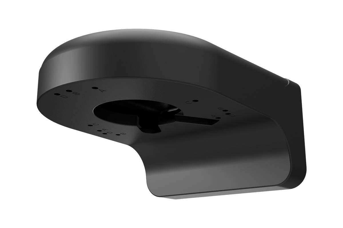 Black metal wall mount for fixed cameras with circular base and curved support arm.