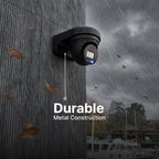 Black weatherproof security camera mounted to a rain soaked textured concrete wall