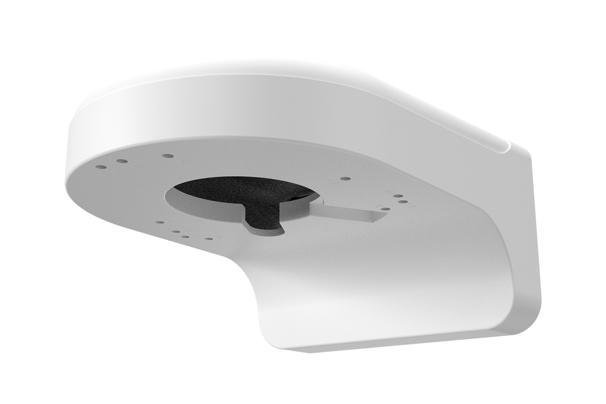 White metal wall mount for fixed cameras with circular base and curved support arm.