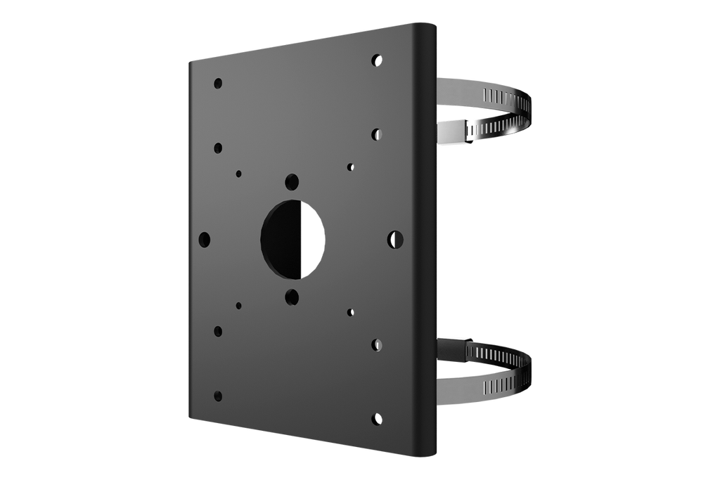 Metal mounting plate with multiple screw holes designed for fixed surveillance cameras