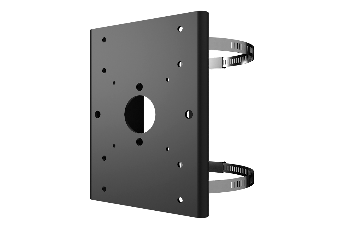 Metal mounting plate with multiple screw holes designed for fixed surveillance cameras