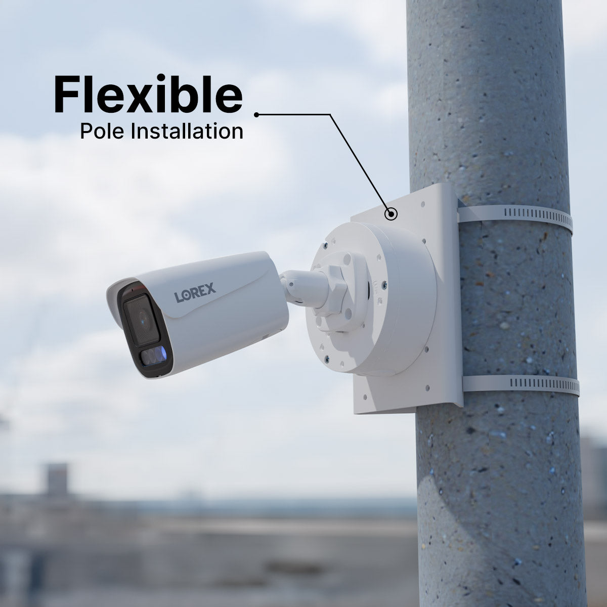Lorex fixed camera mounted on a metal pole bracket
