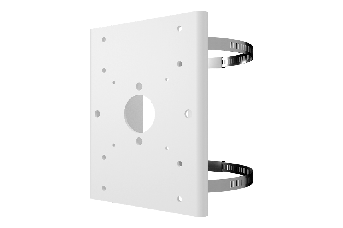 White metal camera mounting plate with central circular opening and several attachment holes