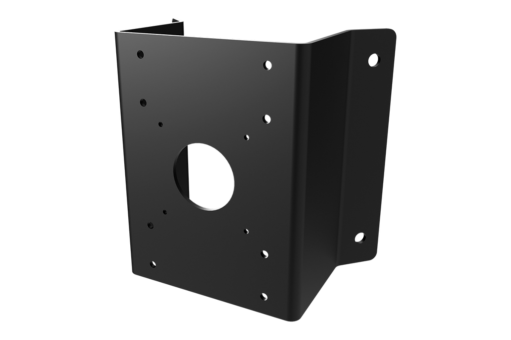 Corner mount bracket for fixed surveillance cameras in black metal with multiple screw holes
