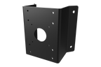 Corner mount bracket for fixed surveillance cameras in black metal with multiple screw holes