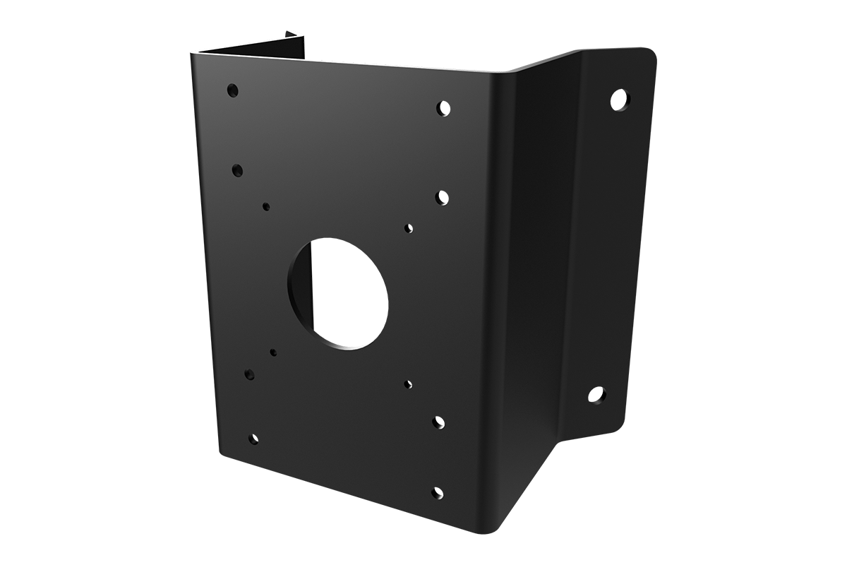 Corner mount bracket for fixed surveillance cameras in black metal with multiple screw holes