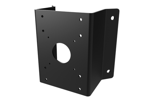Corner mount bracket for fixed surveillance cameras in black metal with multiple screw holes