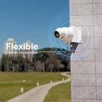 White outdoor security camera mounted on a wall corner with blue signal rings