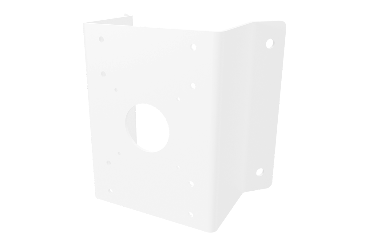 White metal corner mount bracket for fixed cameras shown as a 3D product render